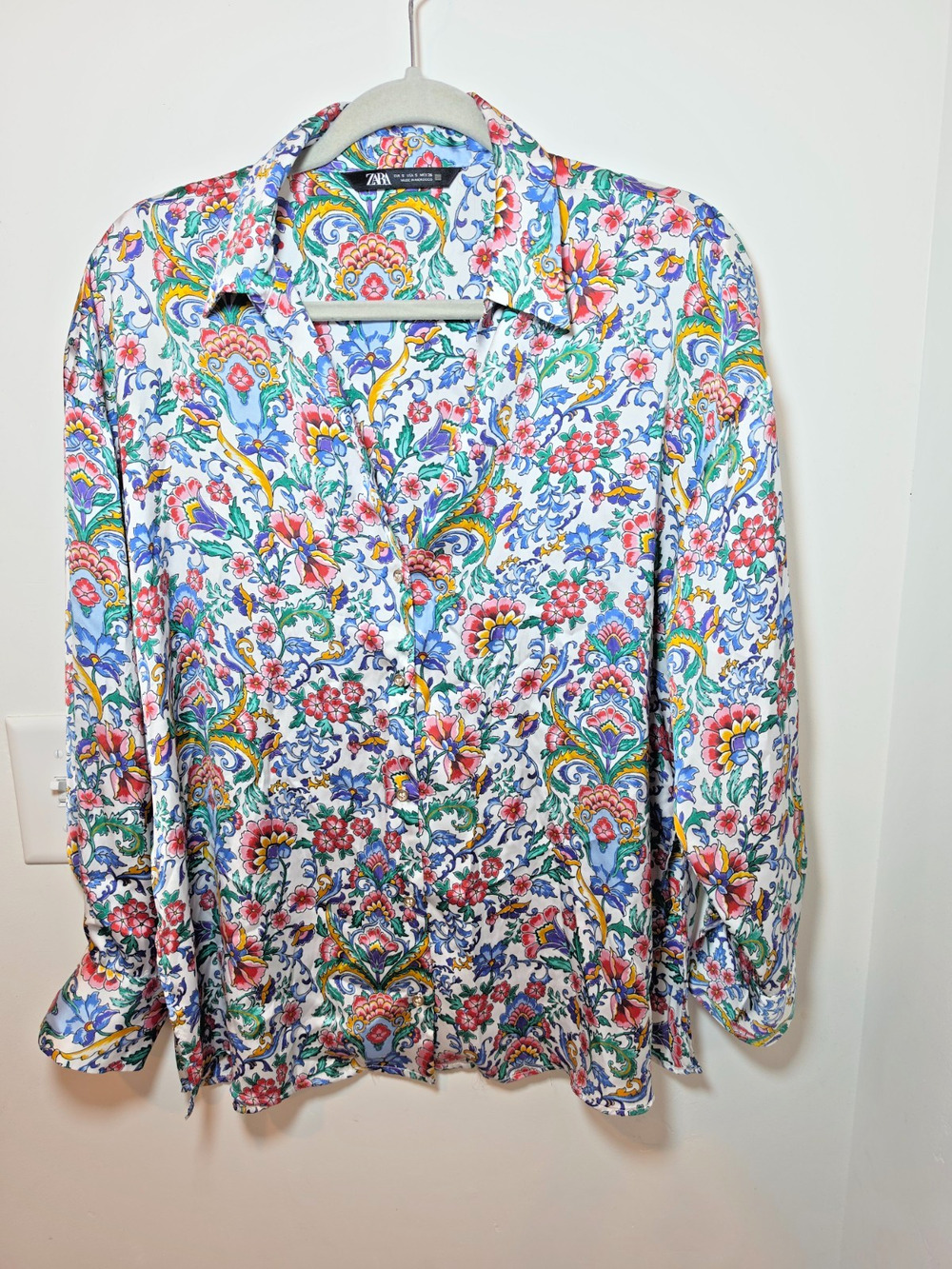 Zara Floral Satin Button Down Oversized Garden Blouse Size S